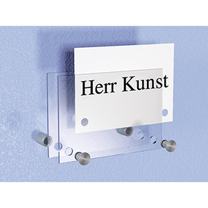 Hinweisschild, Format DIN A6, BxH 148x105 mm, best. aus 2 Acrylglasscheiben mit Edelstahlhalterungen, VE 3 Stück