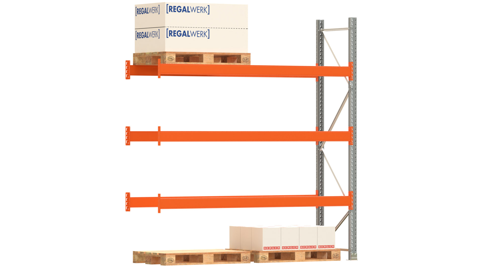Palettenregal ARTUS - Anbaufeld - Breite 278,5 cm - Höhe 300 cm - Tiefe 80 cm - 3 Träger Ebenen