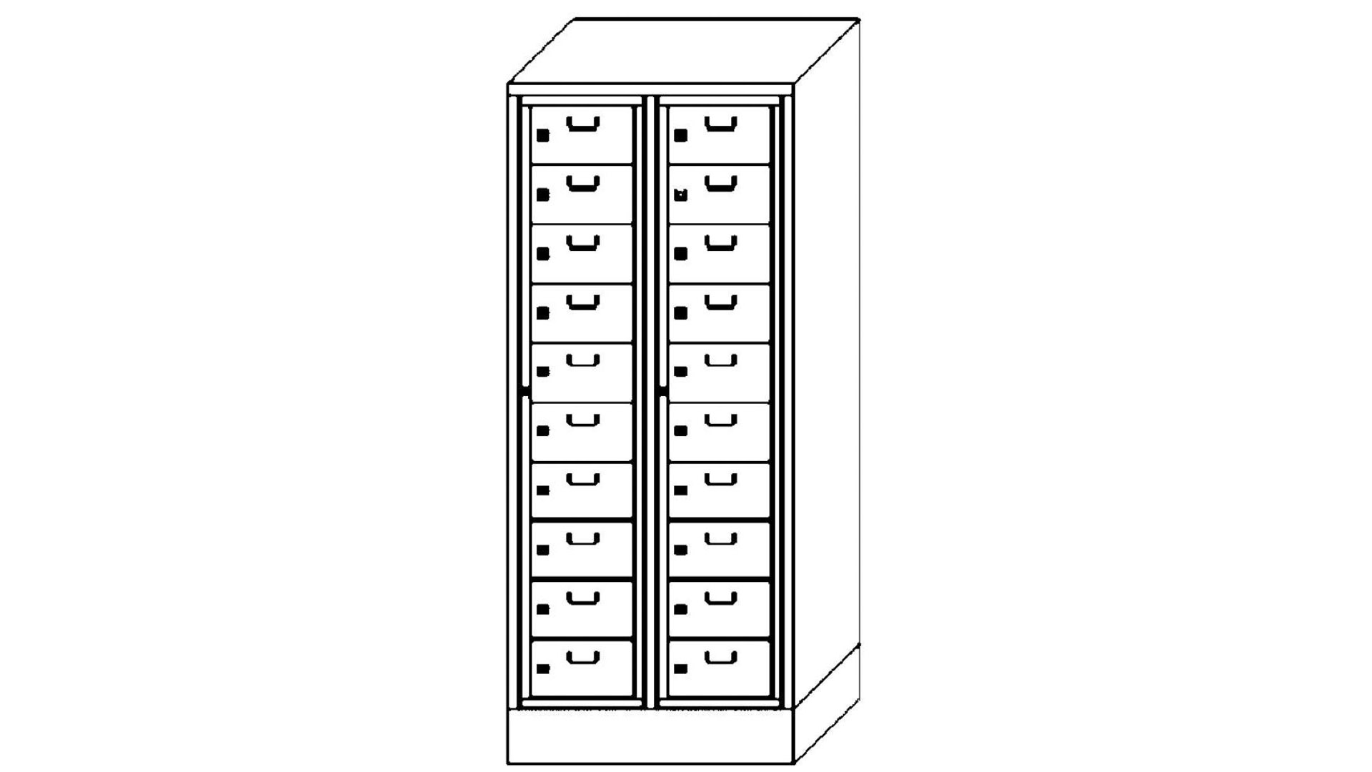 Wäscheschrank / Wäscheverteilschrank - 20 Fächer a 315 mm - 1.850x770x500 mm (HxBxT) - Sockel - Zylinderschloss - lichtgrau/feuerrot