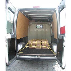 Sicherungsnetz aus Gurtband - BxT 1650x1400 mm - 6x7 Felder - 4 Losenden mit Karabinerhaken - Ratsche 750 daN - gelb