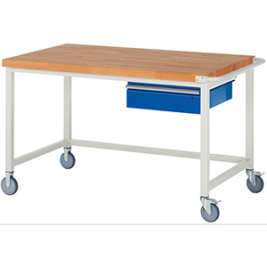 Fahrbare Werkbank, Breite 150 cm, Tiefe 90 cm, Höhe 88 cm, 1 Schublade(n), Platte: Buche-Riegel
