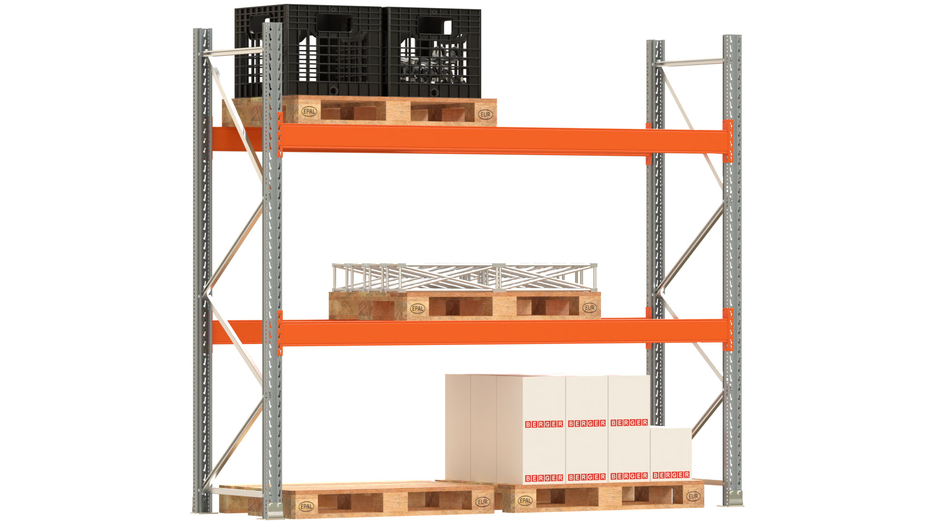 Palettenregal ARTUS - Breite 287 cm - Höhe 250 cm - Tiefe 80 cm - 2 Träger-Ebenen - Fachlast 3000 kg - 6 Palettenstellplätze
