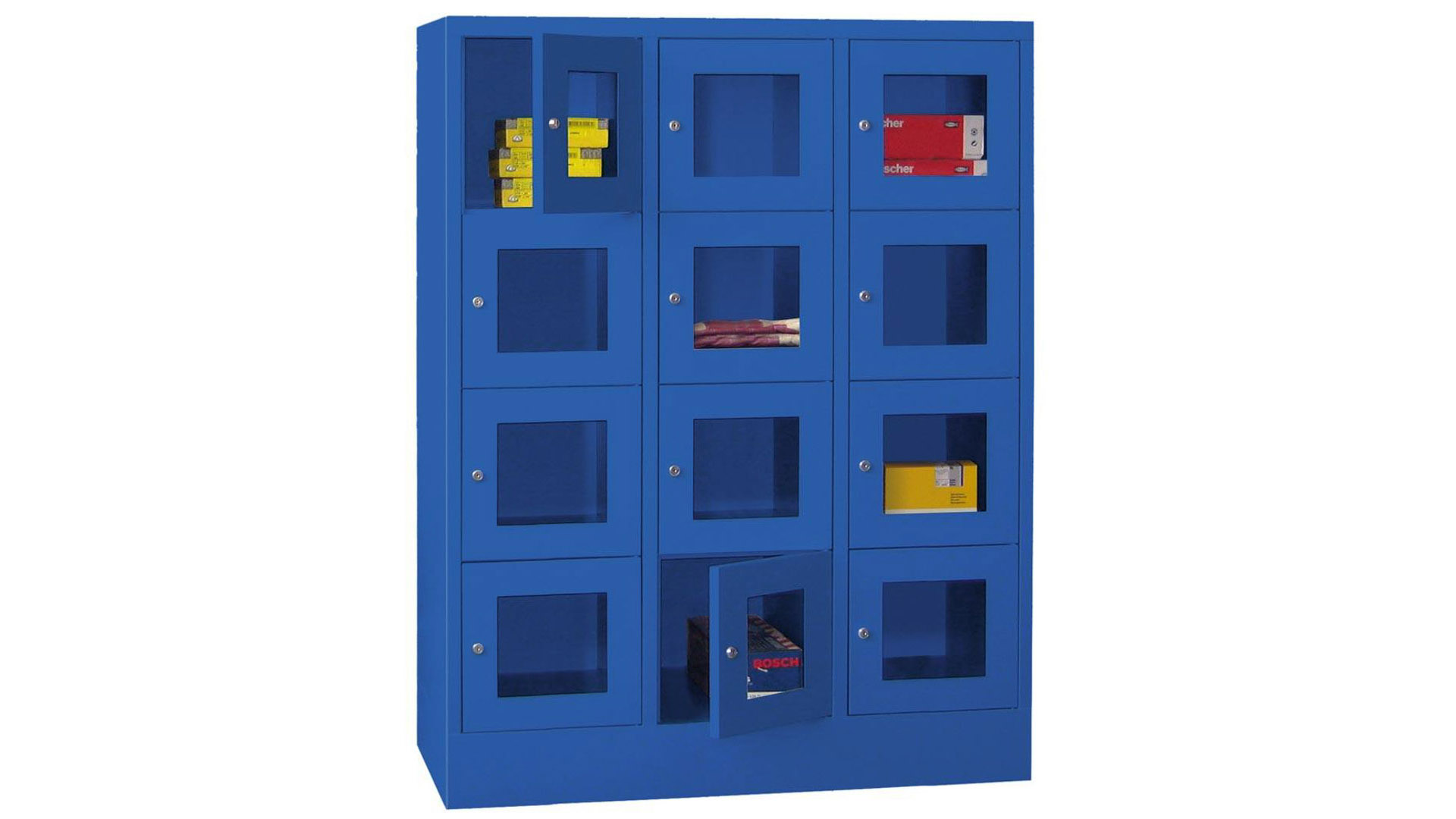 Fächerschränke mit Sichtfenstertüren, Breite 90 cm, Höhe 151,8 cm, Tiefe 50 cm, 3x4 Fächer