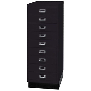 Schubladenschrank aus Stahl, BxTxH 349x432x940 mm, 9 Schubladen 87 mm, DIN A3, Sockel 80 mm hoch, schwarz