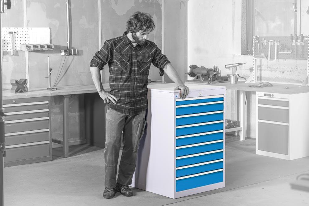 Schubladenschrank, 6 Schubladen: 1x75,1x125,2x150,2x200mm, Zylinderschloss, BxTxH705x736x1019mm, RAL7035/5012