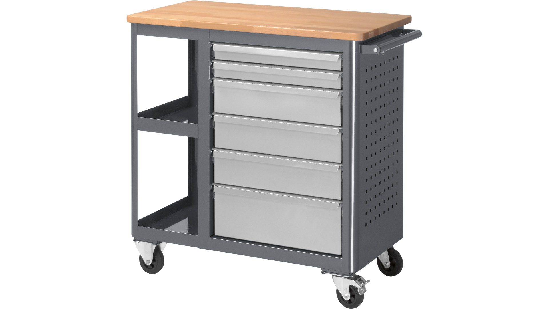 Werkstattwagen, Rollwerkbank mit Bucheplatte, 6 Schubladen: 2x65, 3x125, 1x190 mm, 2 Ablagefächer, BxTxH 960x450x950 mm, RAL 7016/RAL 7035