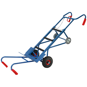 Gerätekarre, Schaufel 550x190 mm, BxH 700x1300 mm, kompl. mit Lufträdern, Treppensternen, Tragholm und Spanngurt, Traglast 400 kg, RAL 5007 blau