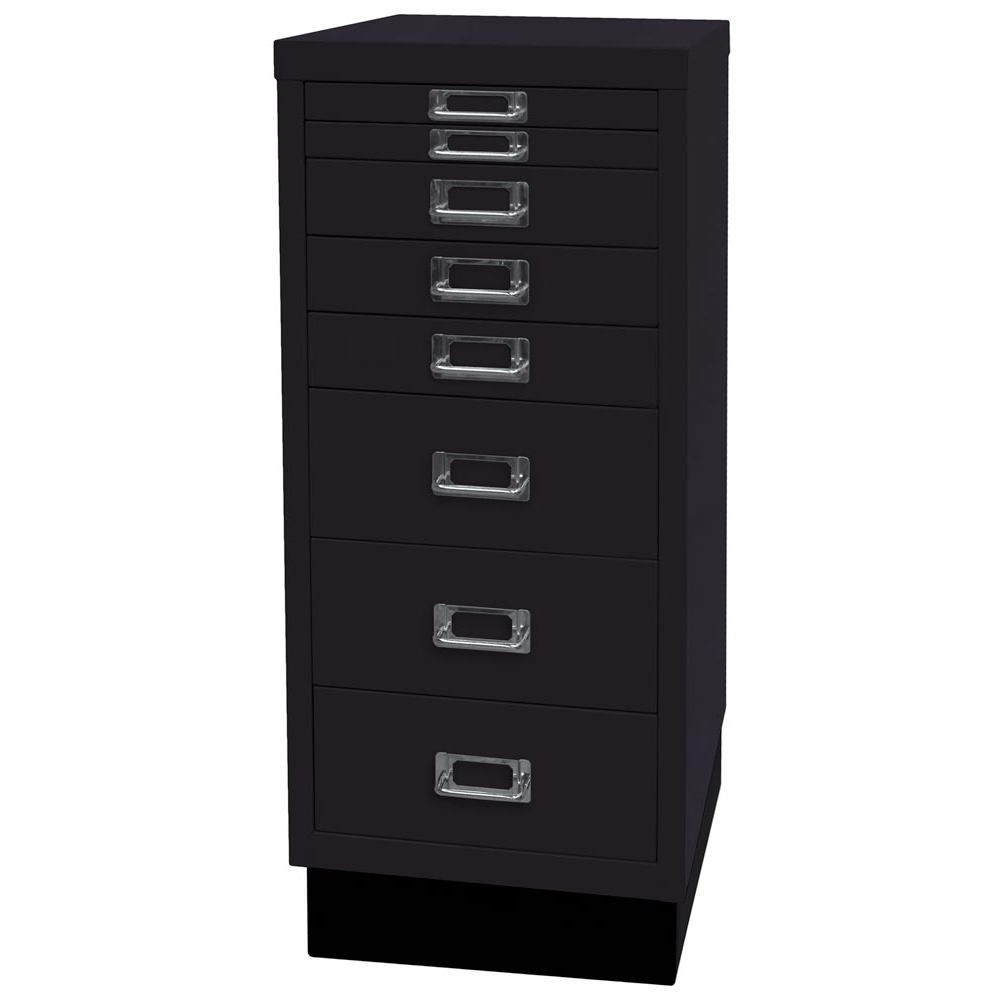 Schubladenschrank aus Stahl, BxTxH 279x380x670 mm, 8 Schubladen 2x25, 3x51, 3x102 mm, DIN A4, Sockel 80 mm hoch, schwarz