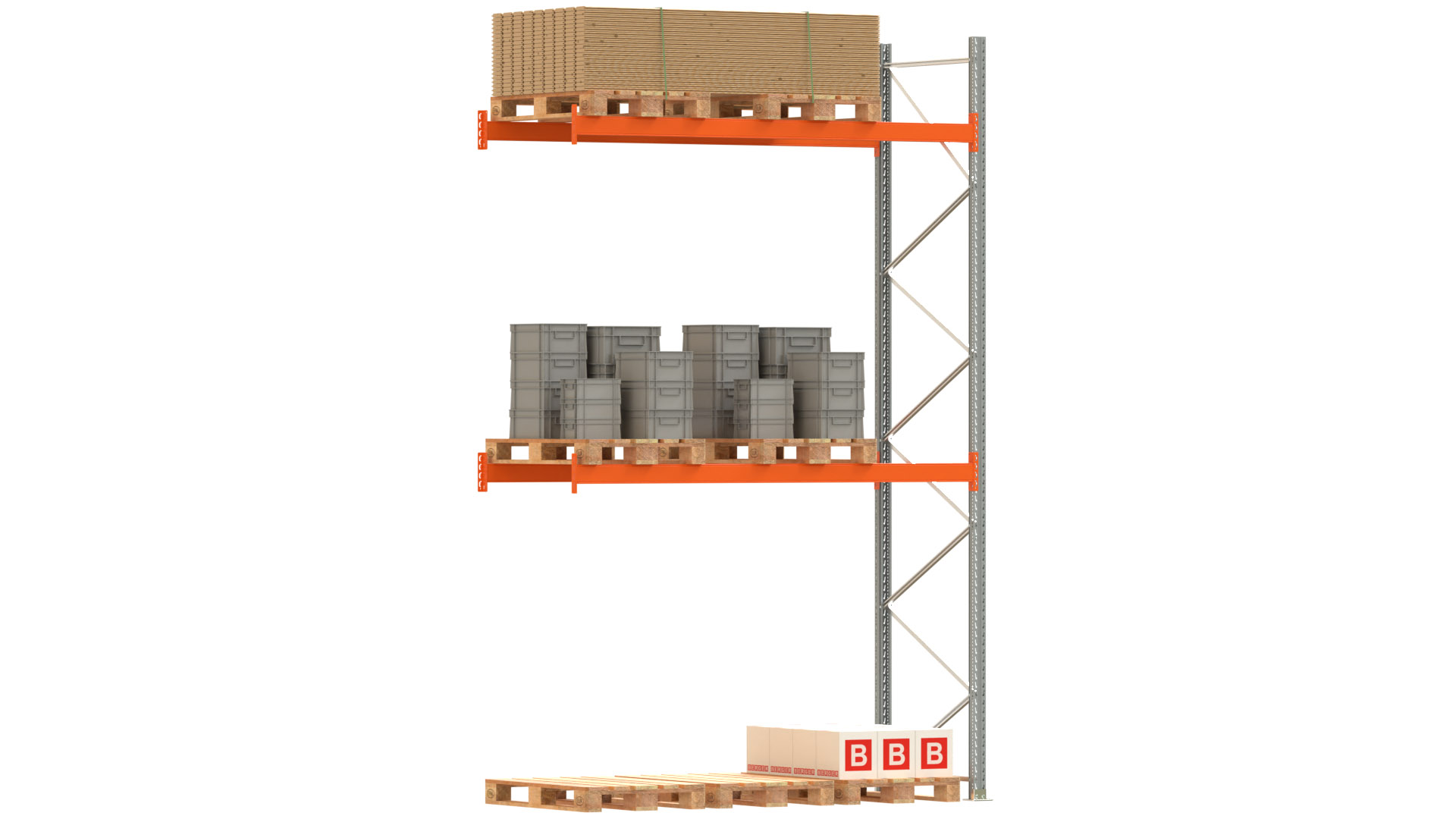 Palettenregal ARTUS - Anbaufeld - Breite 278,5 cm - Höhe 450 cm - Tiefe 110 cm - 2 Träger Ebenen