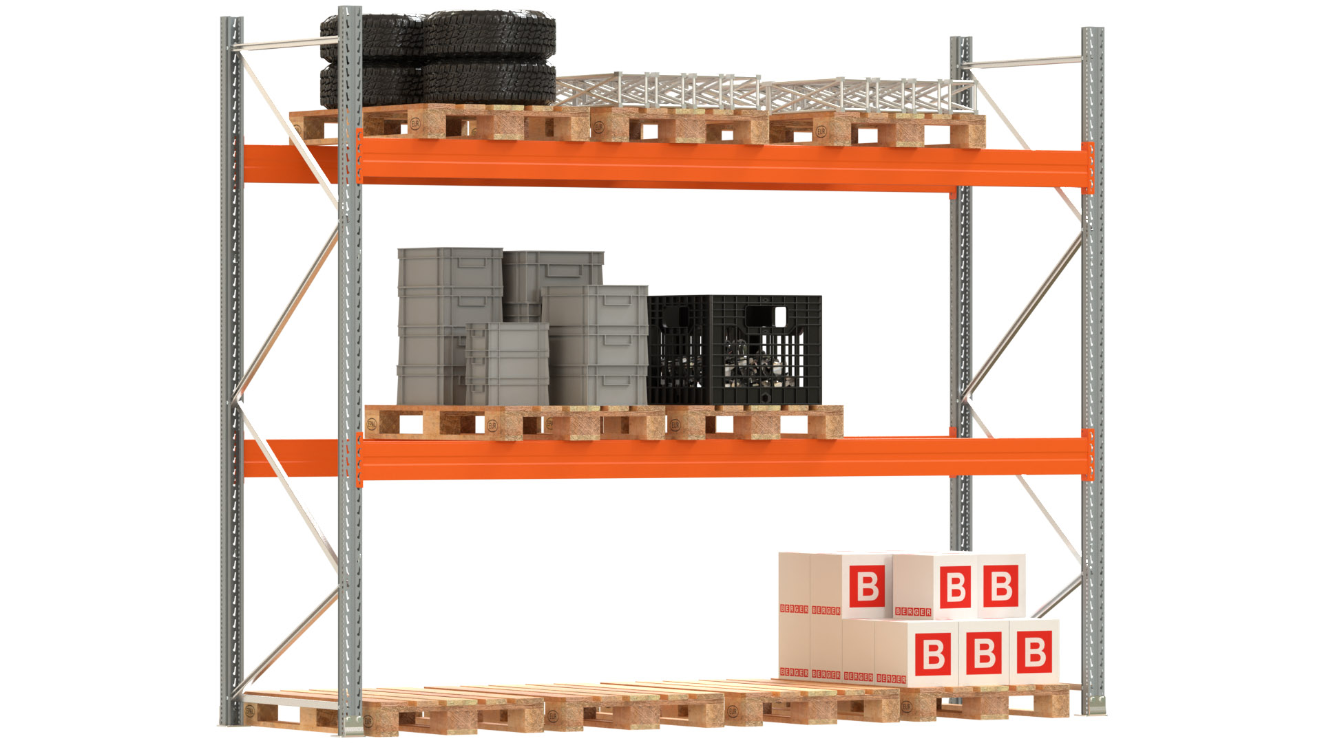 Palettenregal ARTUS - Breite 377 cm - Höhe 300 cm - Tiefe 110 cm - 2 Träger-Ebenen - Fachlast 3700 kg - 12 Palettenstellplätze