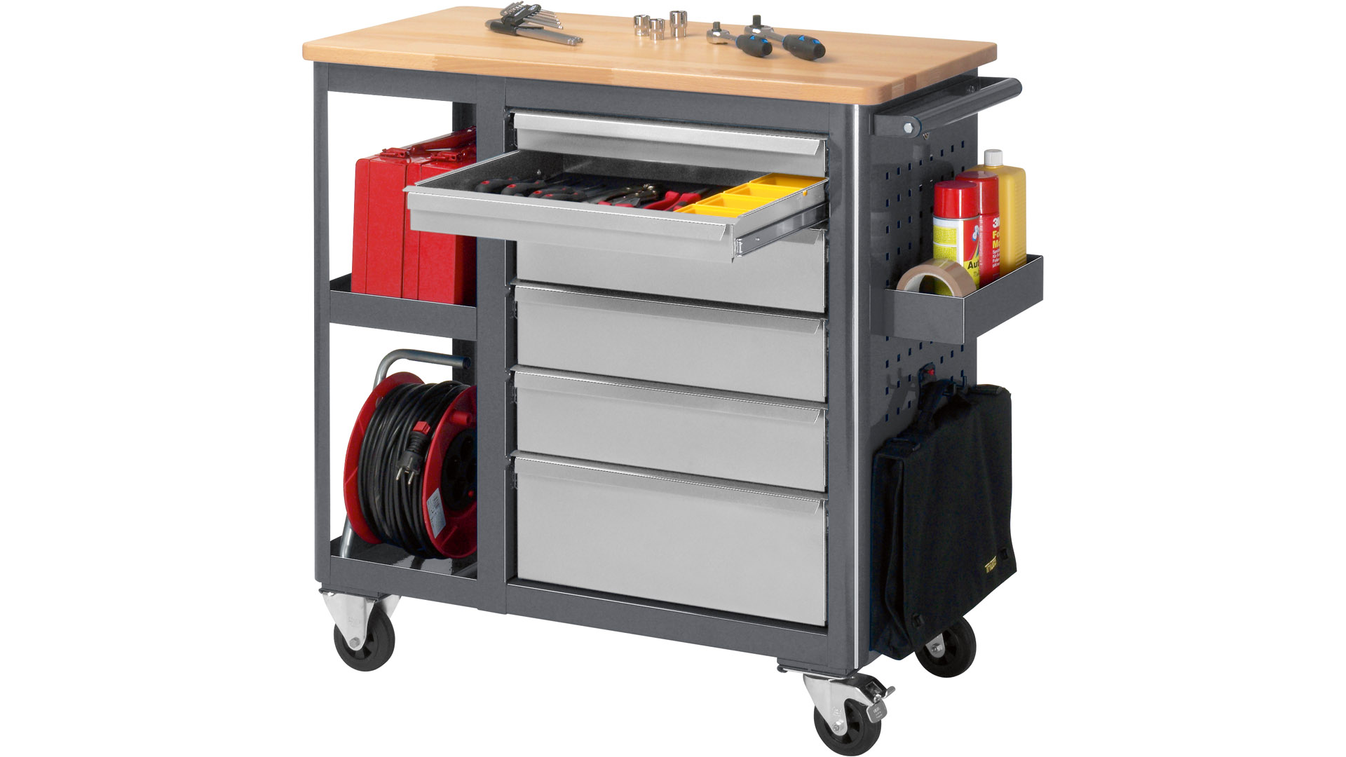 Werkstattwagen, Rollwerkbank mit Bucheplatte, 6 Schubladen: 2x65, 3x125, 1x190 mm, 2 Ablagefächer, BxTxH 960x450x950 mm, RAL 7016/RAL 7035