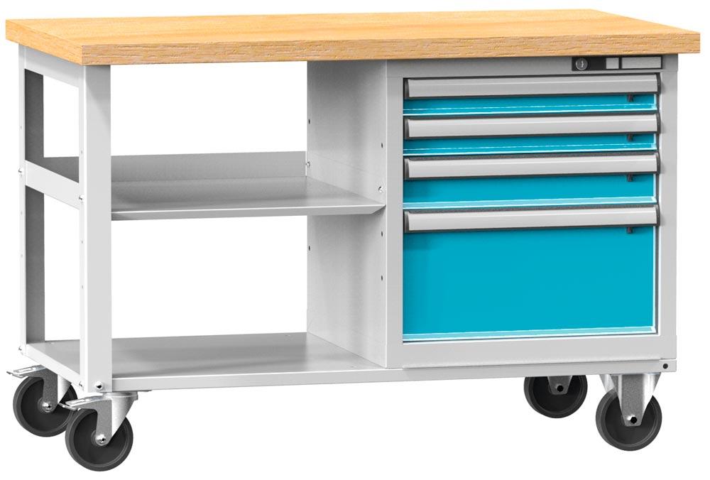 Fahrbare Werkbank, Breite 120 cm, Tiefe 70 cm, Höhe 81 cm, Platte: Buche-Riegel