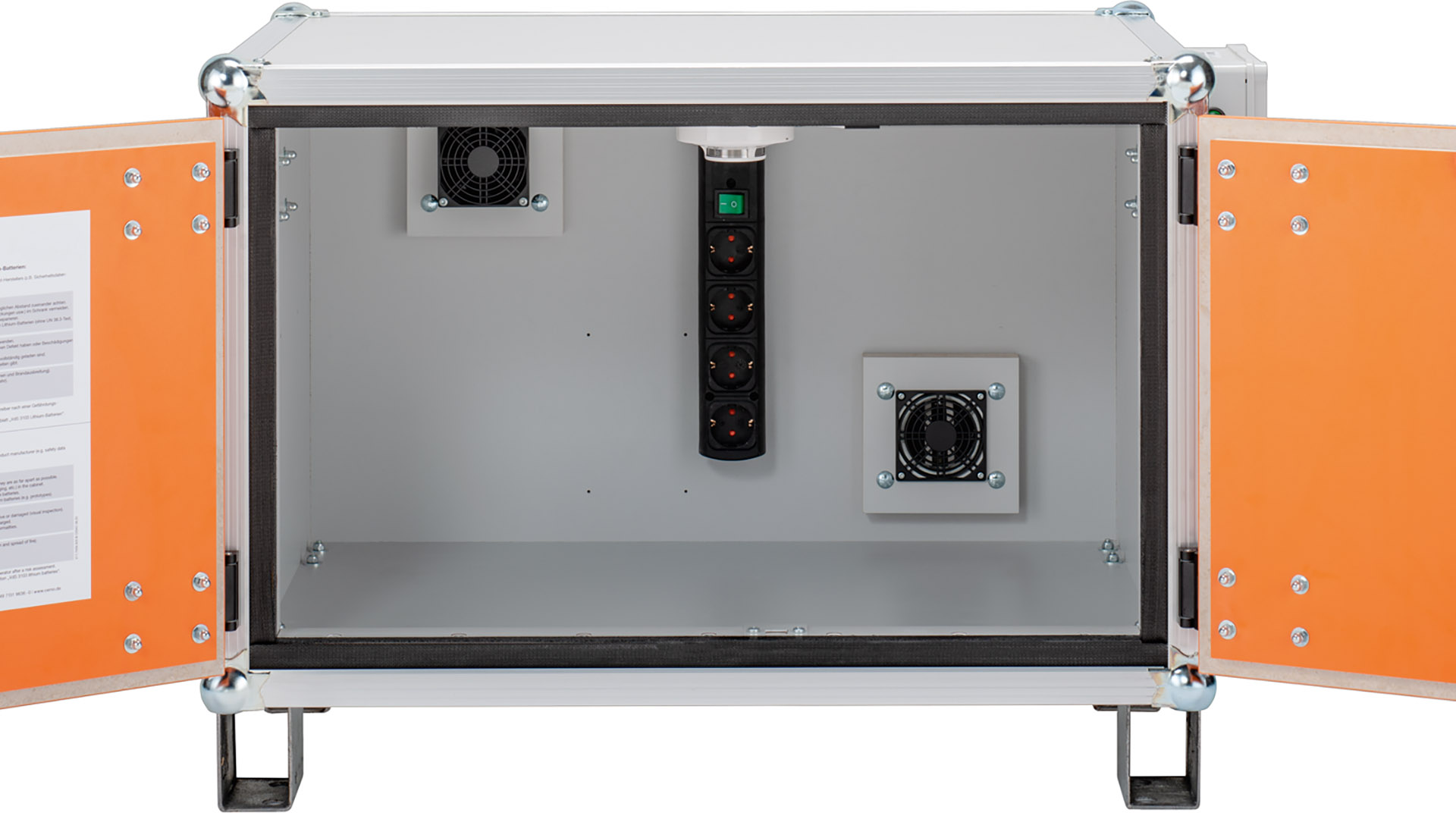 Akku-Ladeschrank, Premium, strombetriebener Rauchmelder, BxTxH 890x660x620 mm, Tür orange, Stapelfüße, Korpus grau