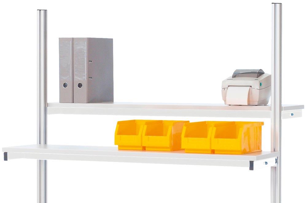 Etagenboard, für B 750 mm, T 300 mm, max. Belastung 30 kg, Melaminharzbeschichtete Platte, RAL 7035 Lichtgrau