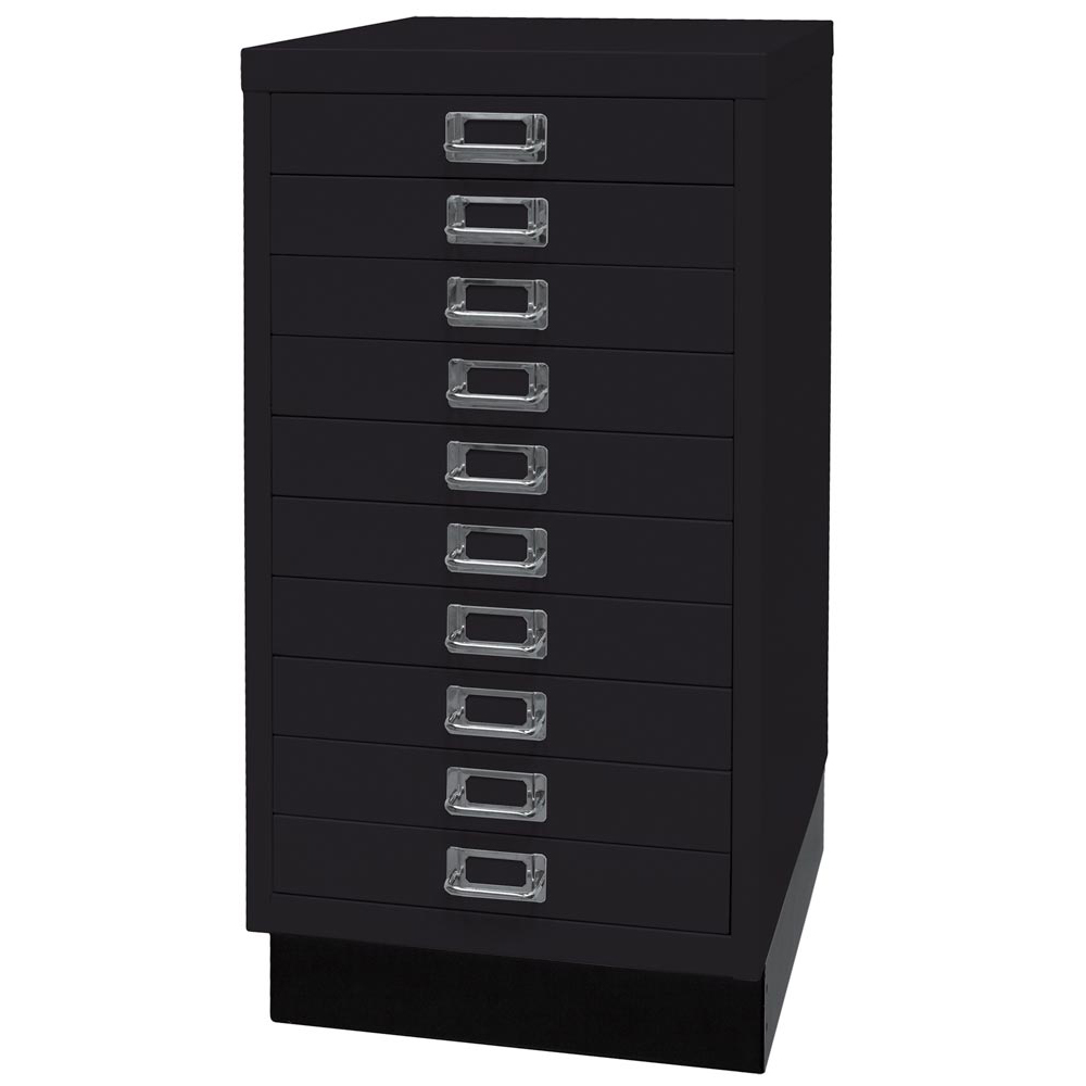 Schubladenschrank aus Stahl, BxTxH 349x432x670 mm, 10 Schubladen 51 mm, DIN A3, Sockel 80 mm hoch, schwarz