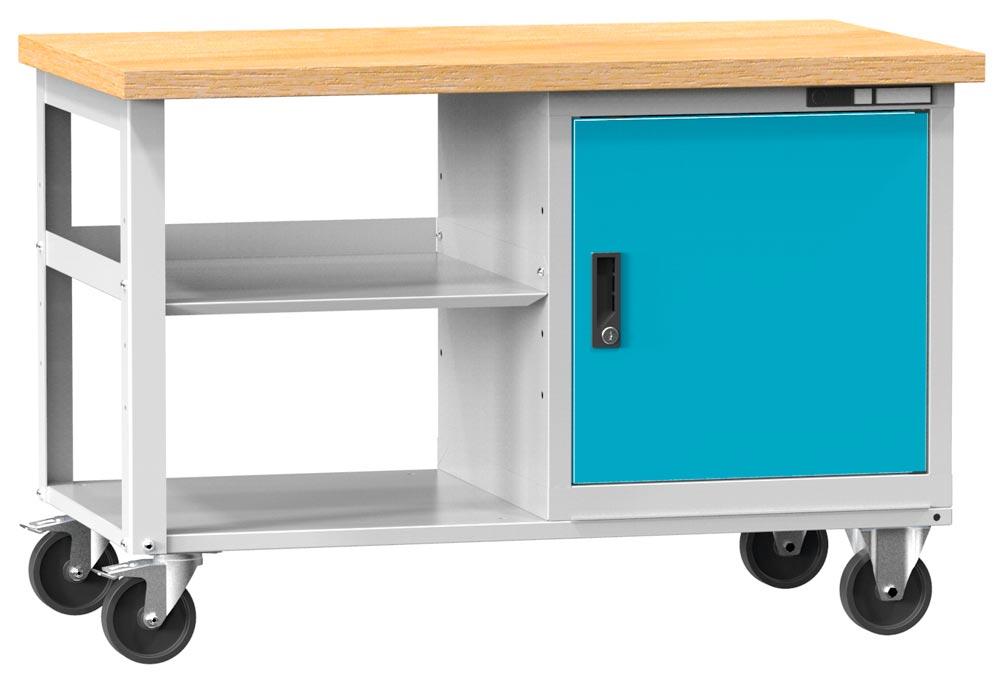Fahrbare Werkbank, Breite 120 cm, Tiefe 70 cm, Höhe 81 cm, Platte: Buche-Riegel