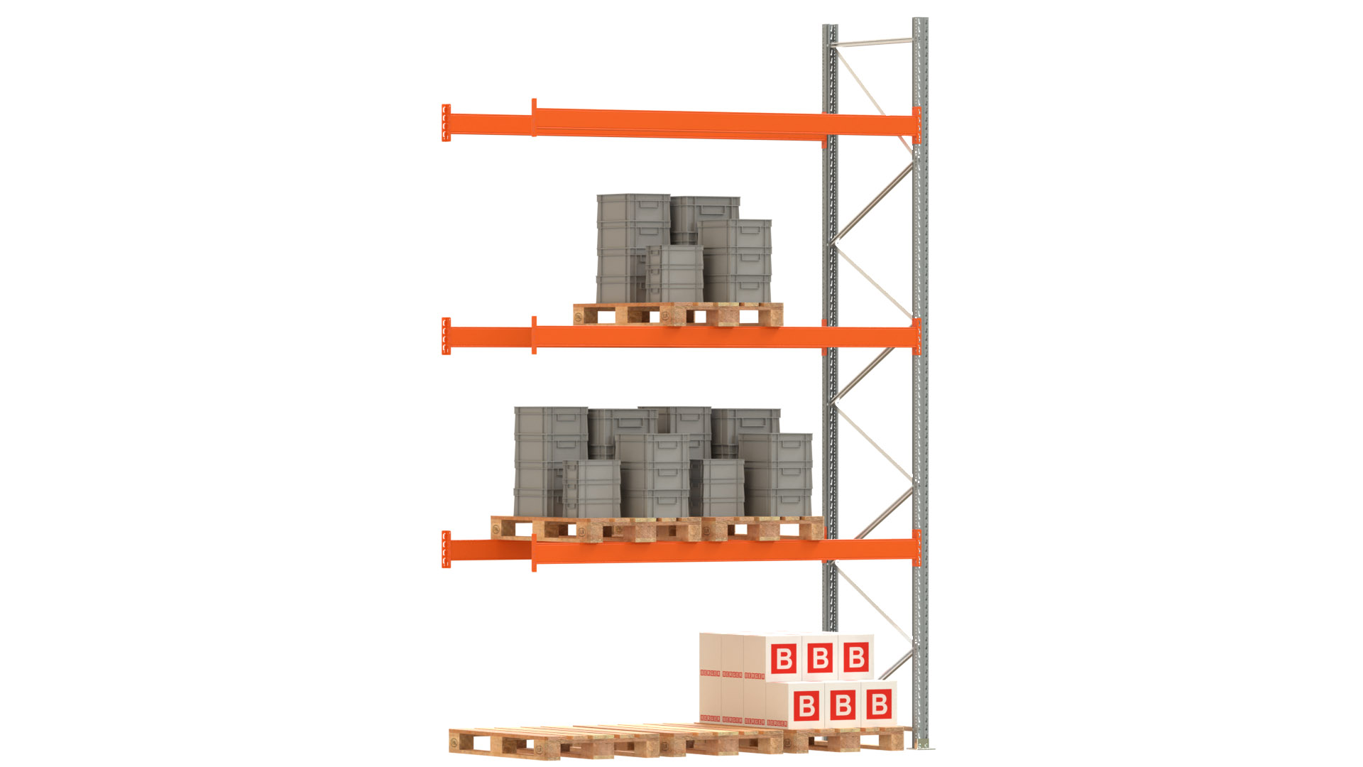 Palettenregal ARTUS - Anbaufeld - Breite 278,5 cm - Höhe 450 cm - Tiefe 110 cm - 3 Träger Ebenen