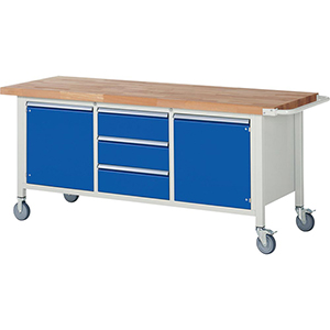 Fahrbare Werkbank, Breite 150 cm, Tiefe 70 cm, Höhe 88 cm, 7 Schublade(n), Platte: Buche-Riegel