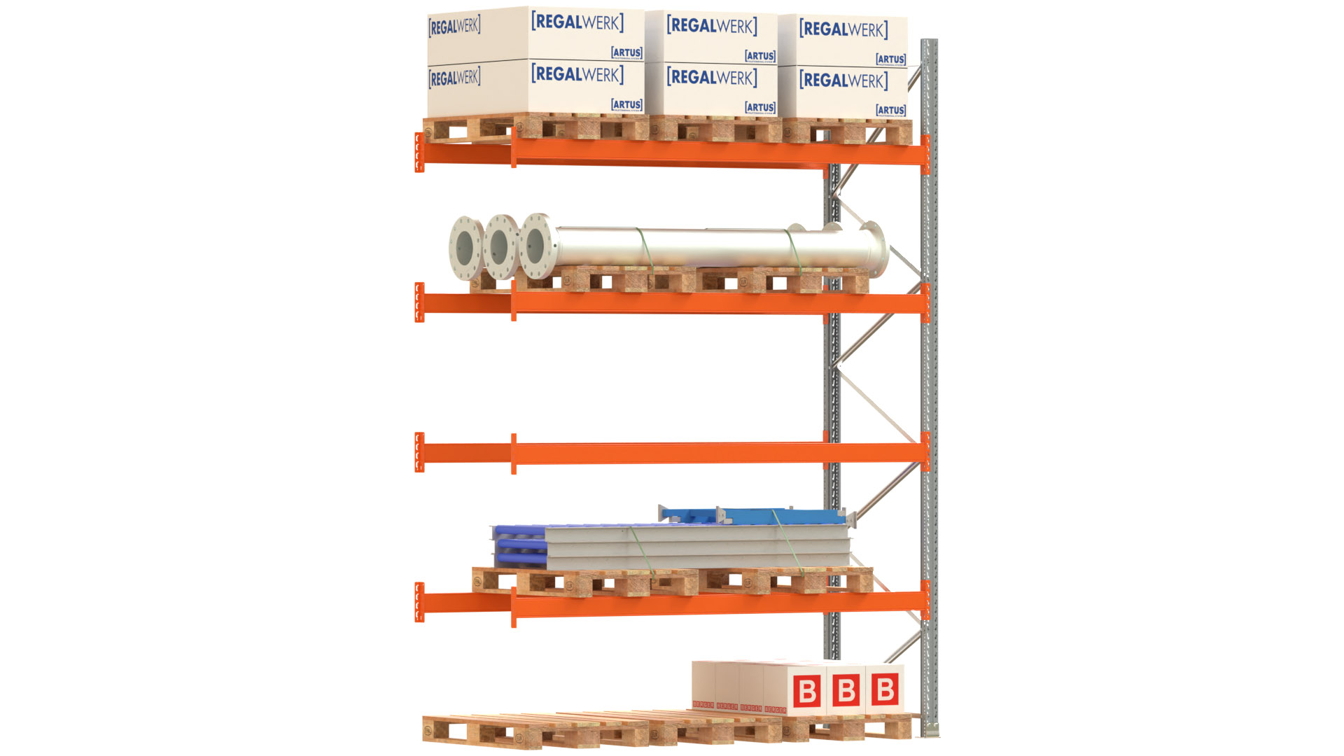 Palettenregal ARTUS - Anbaufeld - Breite 278,5 cm - Höhe 400 cm - Tiefe 110 cm - 4 Träger Ebenen