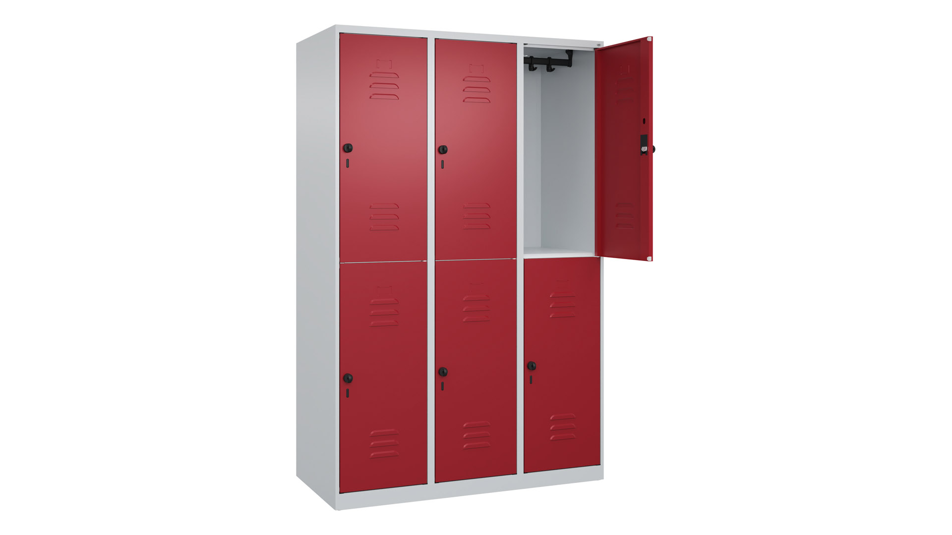 Garderobenspind, doppelstöckig, BxTxH 1200x500x1850 mm, 3x2 Fächer, Abt.B 400 mm, Drehriegel, bodenstehend, Farbwahl