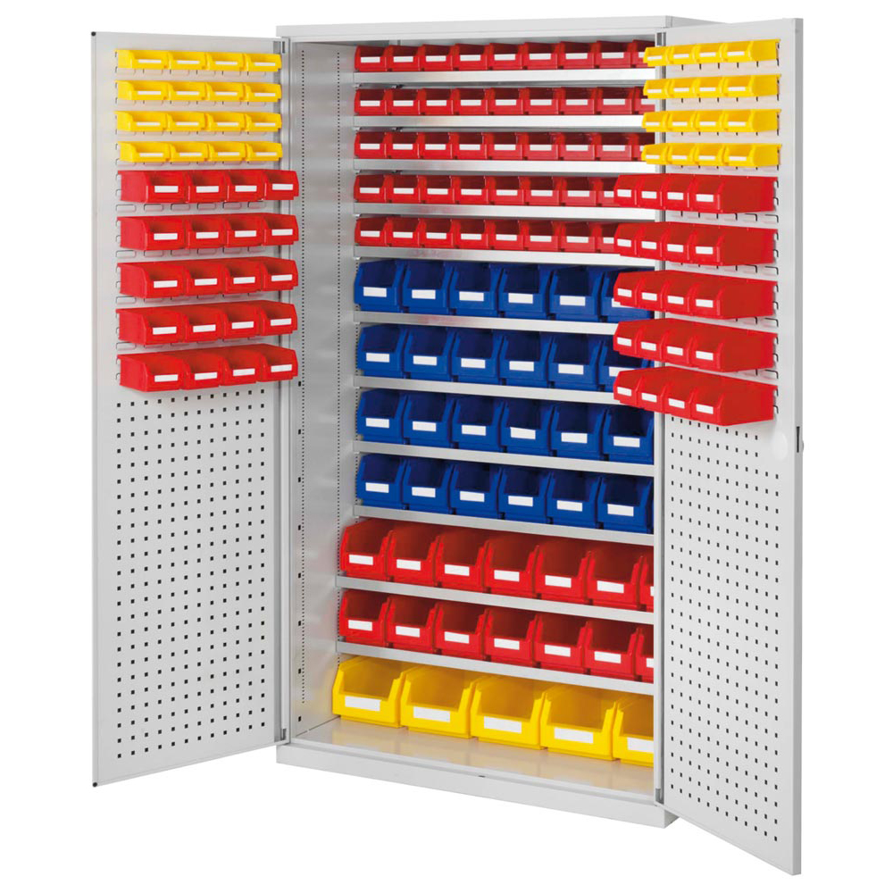 Magazinschrank, Türen Loch-/Schlitzplatten, BxTxH 1130x590x1950 mm, 138 Kästen