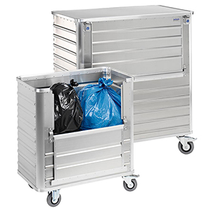 Alu-Kastenwagen mit halb abklappbarer Längswand, glatte Oberfläche, BxTxH 930x530x985 mm