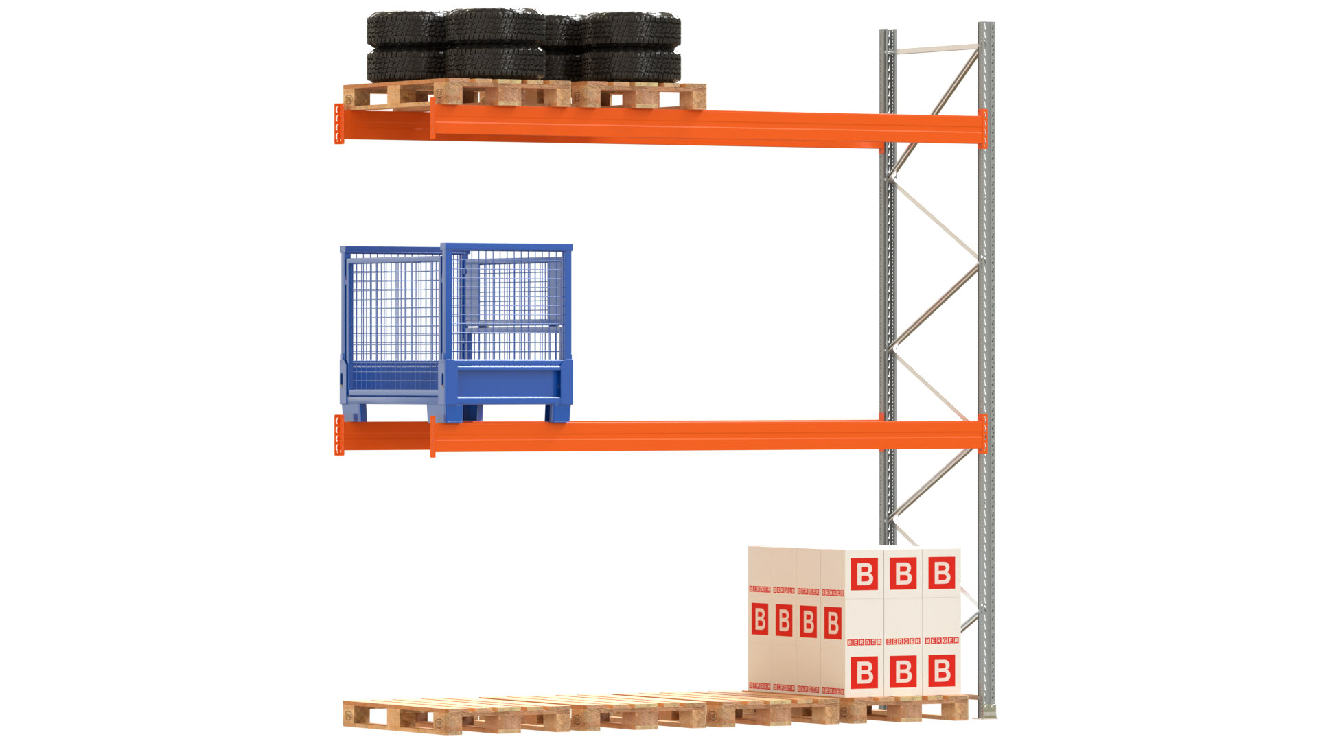 Palettenregal ARTUS - Anbaufeld - Breite 368,5 cm - Höhe 400 cm - Tiefe 110 cm - 2 Träger Ebenen