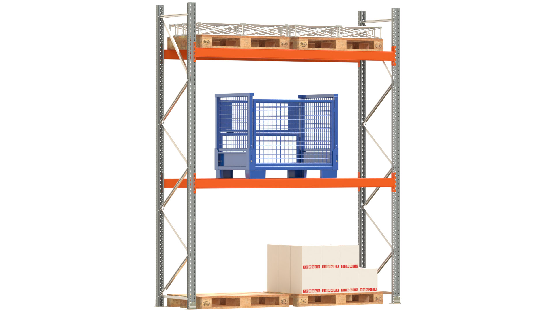 Palettenregal ARTUS - Breite 287 cm - Höhe 350 cm - Tiefe 80 cm - 2 Träger-Ebenen - Fachlast 2000 kg - 6 Palettenstellplätze