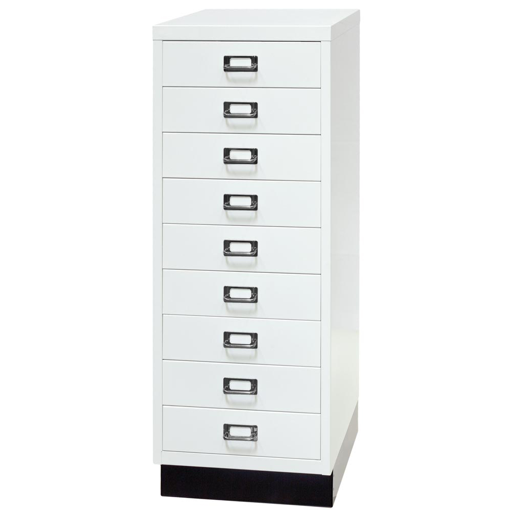 Schubladenschrank aus Stahl, BxTxH 349x432x940 mm, 9 Schubladen 87 mm, DIN A3, Sockel 80 mm hoch, verkehrsweiß
