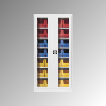 Magazinschrank - Flügeltürenschrank mit Sichtfenster - 6 Fachböden - bestückt mit 28 Sichtlagerkästen - 1950 x 950 x 420 mm (HxBxT) - brillantblau