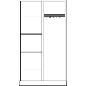 Garderoben-Wäscheschrank m. Flügeltüren u. Sockel, Breite 100 cm, Höhe 180 cm, Tiefe 50 cm, 5 Fächer