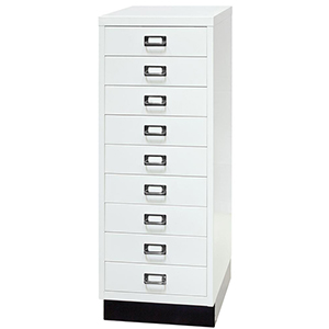 Schubladenschrank aus Stahl, BxTxH 349x432x940 mm, 9 Schubladen 87 mm, DIN A3, Sockel 80 mm hoch, verkehrsweiß