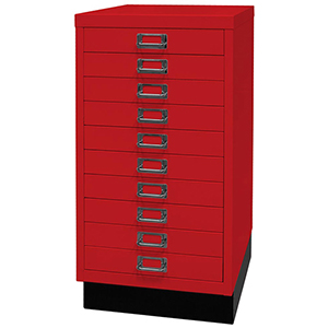 Schubladenschrank aus Stahl, BxTxH 349x432x670 mm, 10 Schubladen 51 mm, DIN A3, Sockel 80 mm hoch, kardinalrot