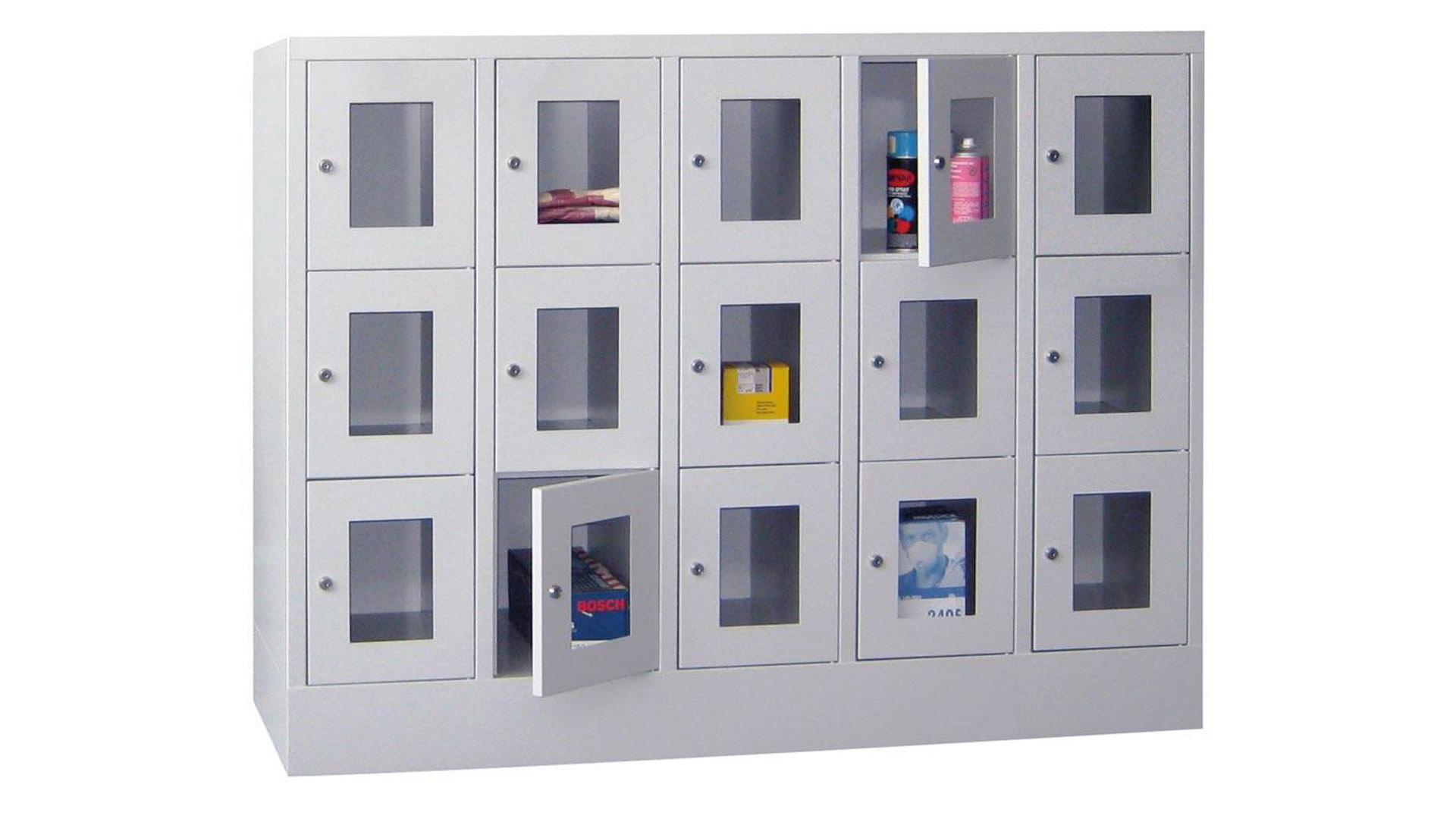 Fächerschränke mit Sichtfenstertüren, Breite 90 cm, Höhe 185 cm, Tiefe 50 cm, 3x5 Fächer