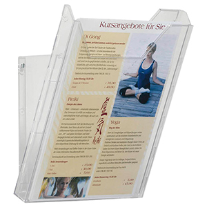 Prospekthalter für Tischaufstellung oder Wandanbringung, 1 Fach DIN A4, Fülltiefe 24 mm, BxTxH 242x162x291 mm, VE 6 Stück