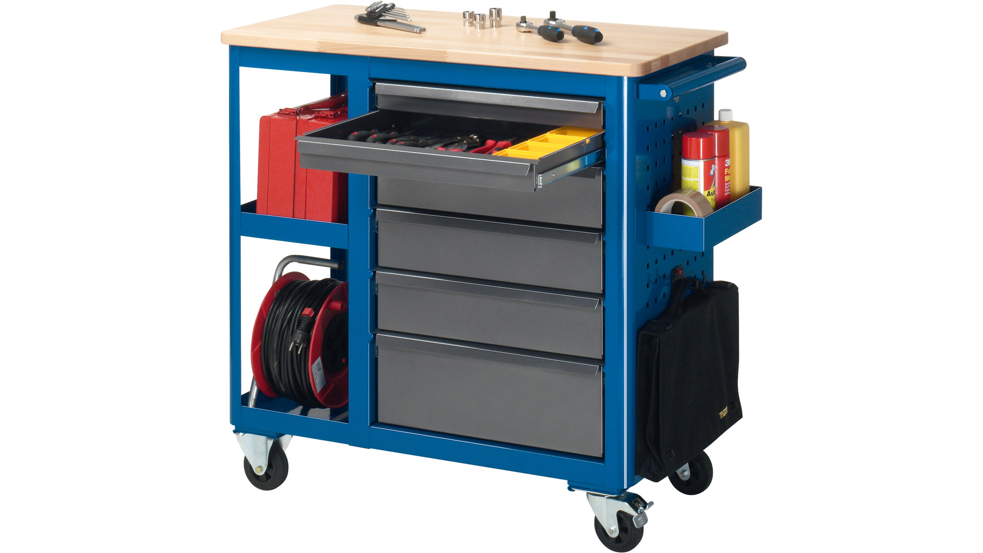 Werkstattwagen, Rollwerkbank mit Bucheplatte, 6 Schubladen: 2x65, 3x125, 1x190 mm, 2 Ablagefächer, BxTxH 960x450x950 mm, RAL5010/RAL7016