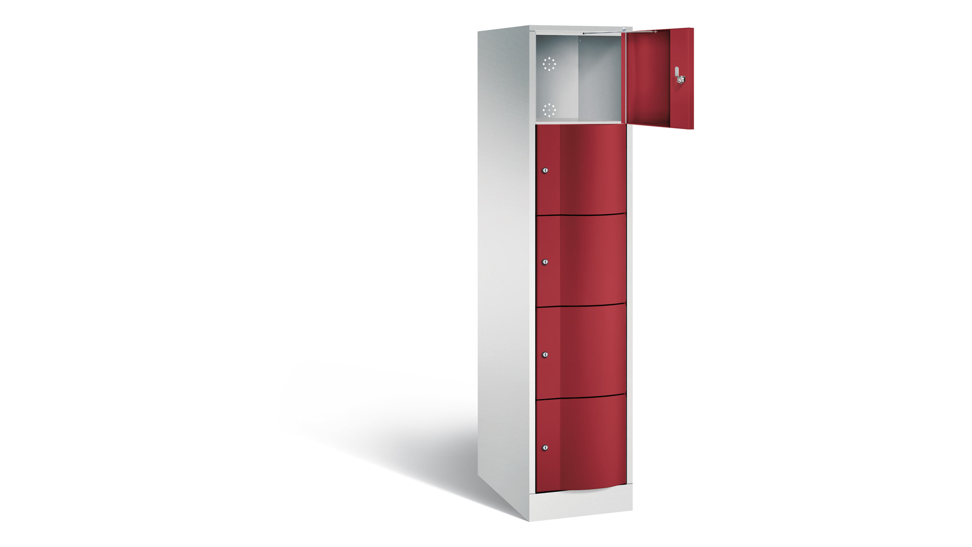 Schließfachschrank, vandalismussicher, Stahl, Zylinderschloss, 5 Fächer (5 x 1), Türfarbe rubinrot, 1.950 x 396 x 640 mm (HxBxT)