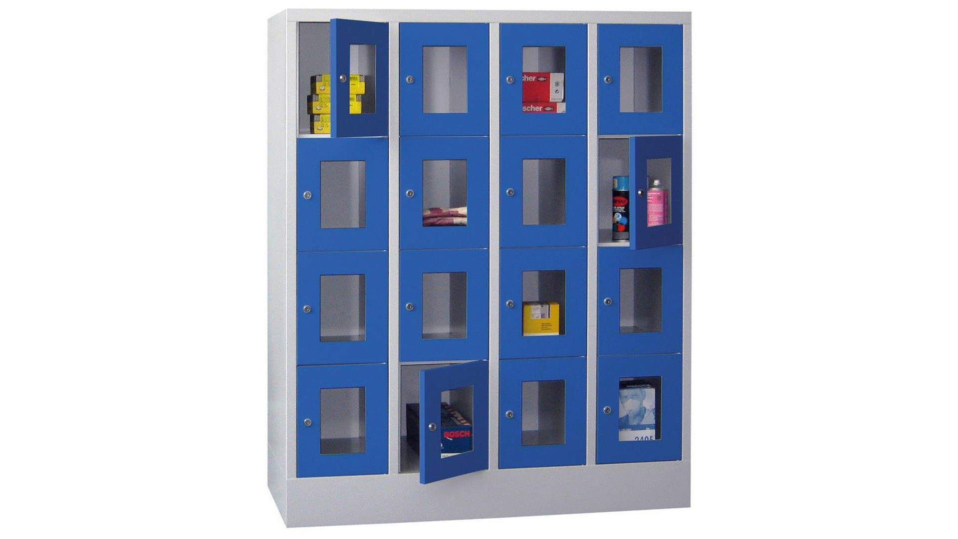 Fächerschränke mit Sichtfenstertüren, Breite 120 cm, Höhe 151,8 cm, Tiefe 50 cm, 4x4 Fächer