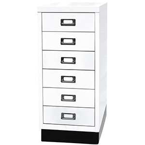 Schubladenschrank aus Stahl, BxTxH 279x380x670 mm, 6 Schubladen 87 mm, DIN A4, Sockel 80 mm hoch, verkehrsweiß