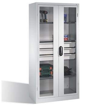 C+P Großraum Werkzeugschrank mit Sichtfenstertüren, 3 Fachböden, 3 Schubladen mittig, Farbe lichtgrau, 1.950 x 930 x 600 (HxBxT)