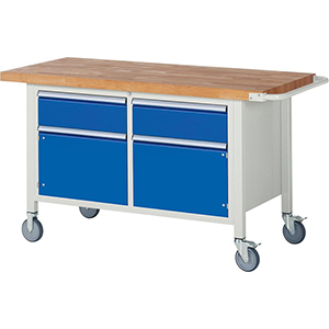 Fahrbare Werkbank, Breite 150 cm, Tiefe 70 cm, Höhe 88 cm, 2 Schublade(n), Platte: Buche-Riegel