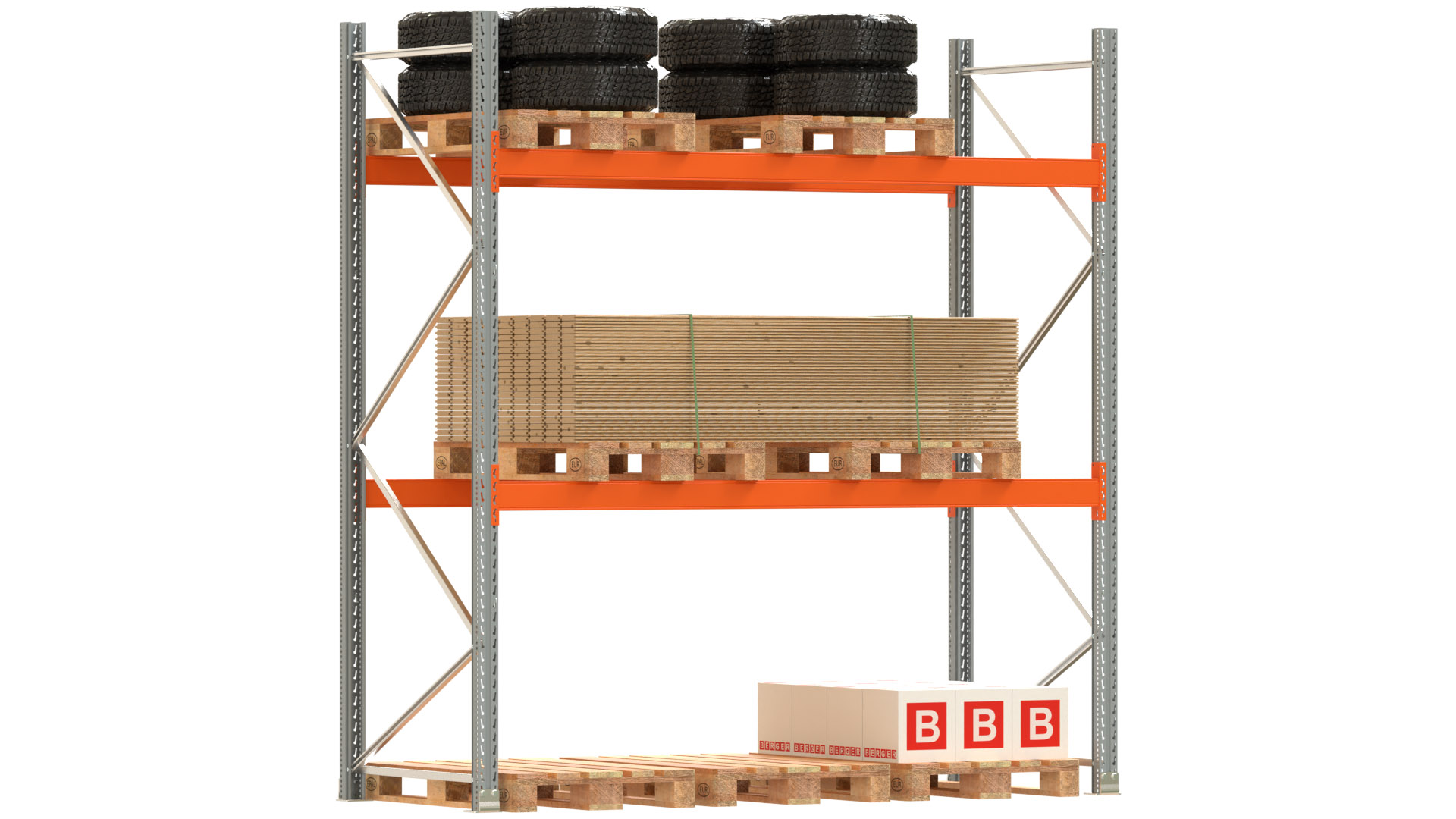 Palettenregal ARTUS - Breite 287 cm - Höhe 300 cm - Tiefe 110 cm - 2 Träger-Ebenen - Fachlast 2000 kg - 9 Palettenstellplätze