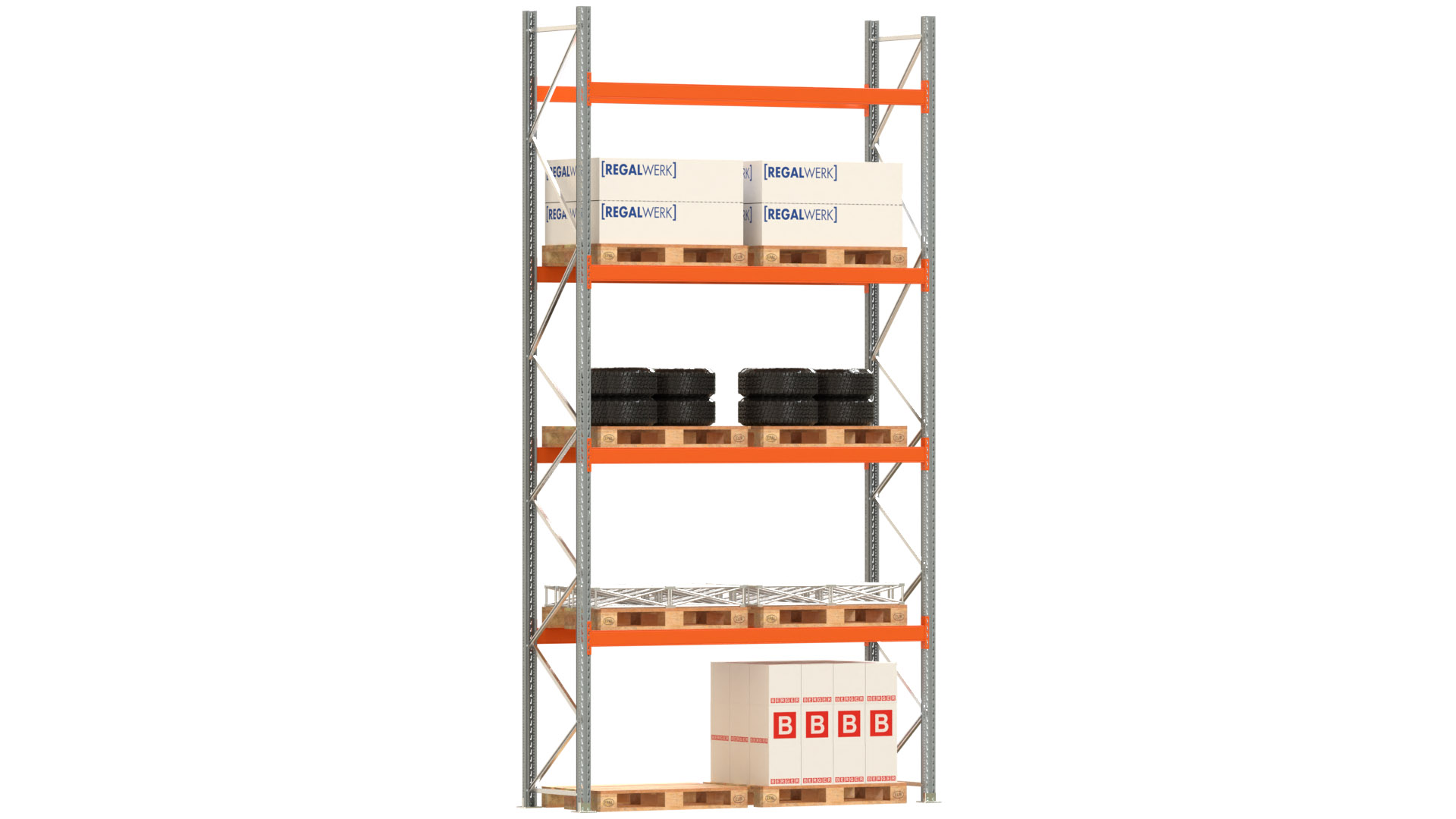 Palettenregal ARTUS - Breite 287 cm - Höhe 550 cm - Tiefe 80 cm - 4 Träger-Ebenen - Fachlast 2000 kg - 10 Palettenstellplätze