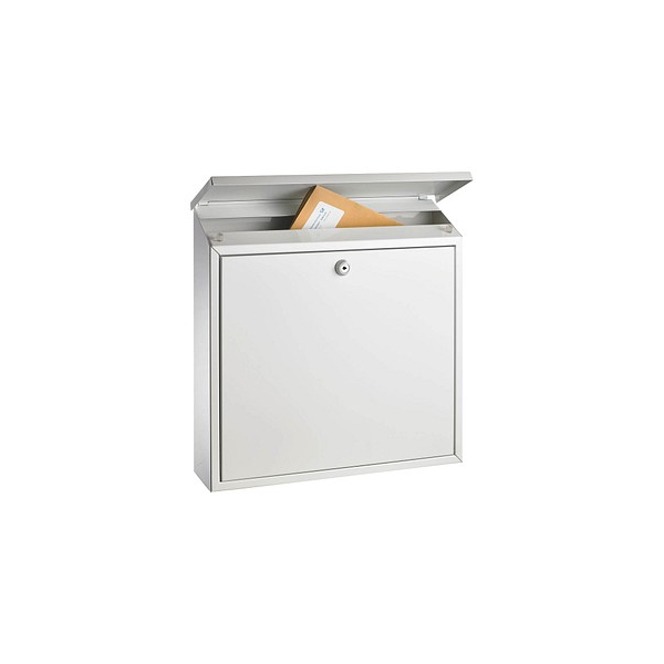 Briefkasten, weiß lackiert, BxTxH 360x100x360 mm, Einwurf von oben mit Abdeckung