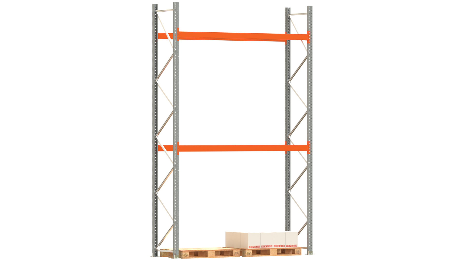 Palettenregal ARTUS - Breite 287 cm - Höhe 450 cm - Tiefe 80 cm - 2 Träger-Ebenen - Fachlast 2000 kg - 6 Palettenstellplätze