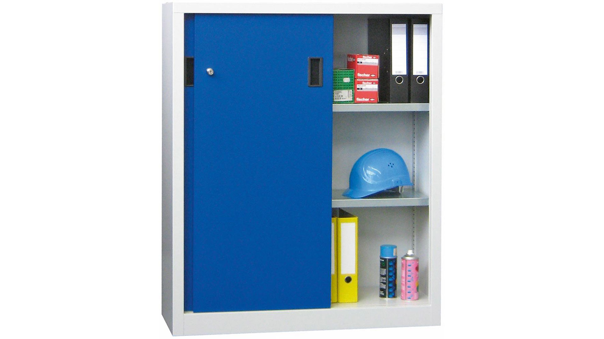 Schiebetürenschrank - Vollblechtüren - 1.200x1.500x400 mm (HxBxT) - 4 Böden, verzinkt - Zylinderschloss - lichtgrau/enzianblau