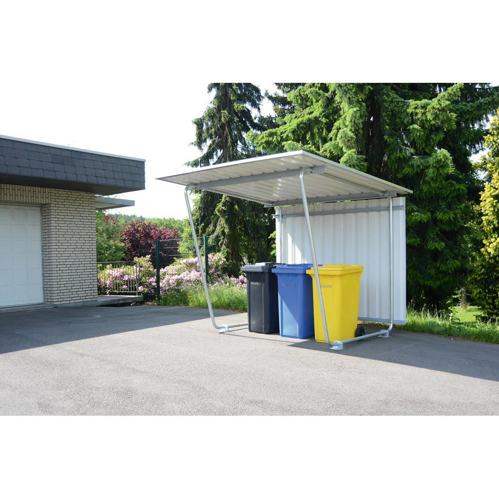 Fahrradunterstand, Überdachung, Modell Siegen, doppelseitig, Anbaueinheit, Trapezblech RAL 9002, BxTxH 4300x4660x2250 mm