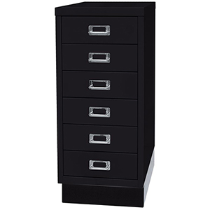 Schubladenschrank aus Stahl, BxTxH 279x380x670 mm, 6 Schubladen 87 mm, DIN A4, Sockel 80 mm hoch, schwarz