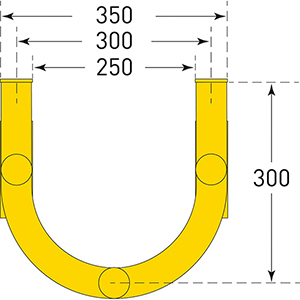 Rohrschutz, Wand- und Bodenmontage, Stahlrohr 48 mm, BxTxH 350x300x1500 mm, feuerverzinkt, gelb beschichtet, schwarze Streifen, mit Boden/Wandplatten