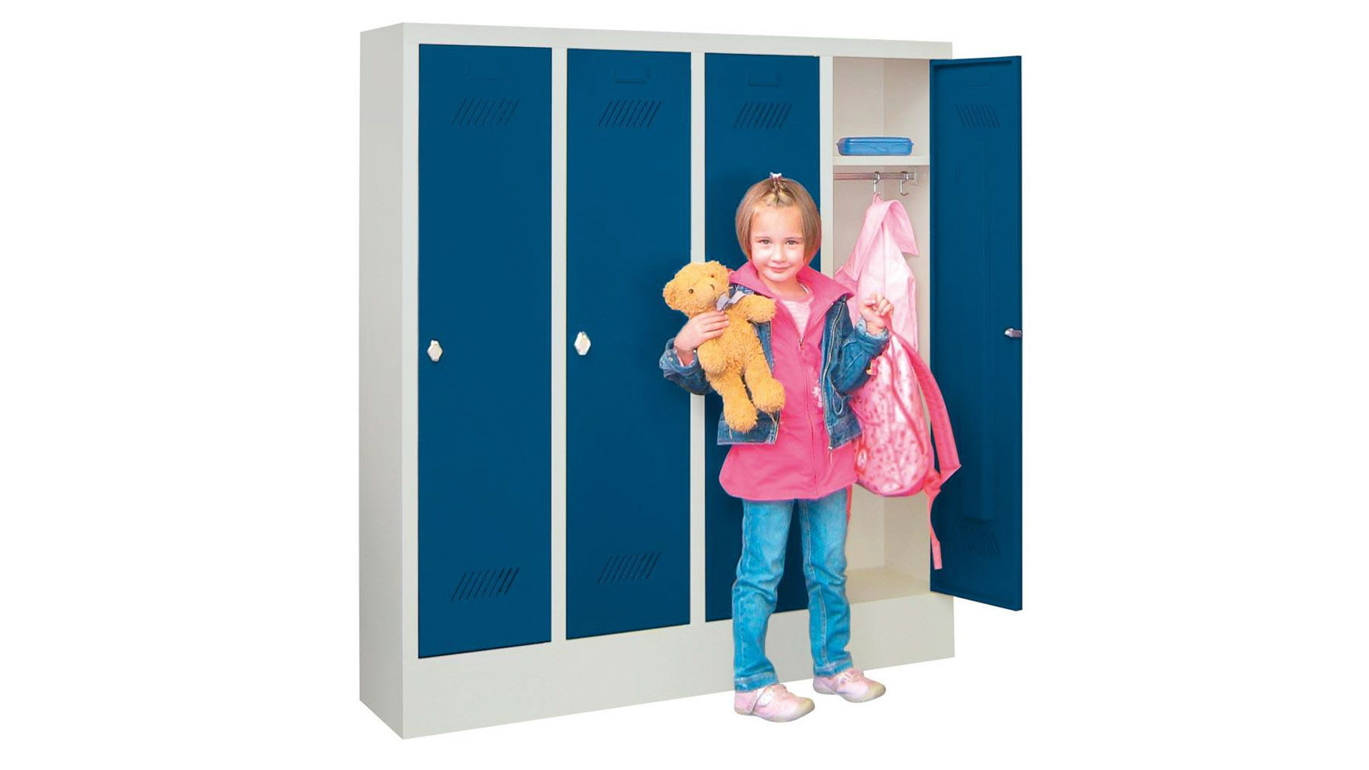 Schulschrank, Spindschrank f. Kindergärten, Breite 103 cm, Höhe 130 cm, Tiefe 30 cm, 4 Abteil(e)